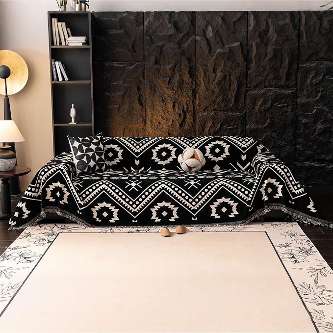VClife Extra Large Couch Cover for Oversize Sofa Bohemian Sofa Slipcover, Aztec Geometric Chenille Sofa Cover Washable White Black Tribal Pattern Couch Protector Futon Cover 71" X 150"