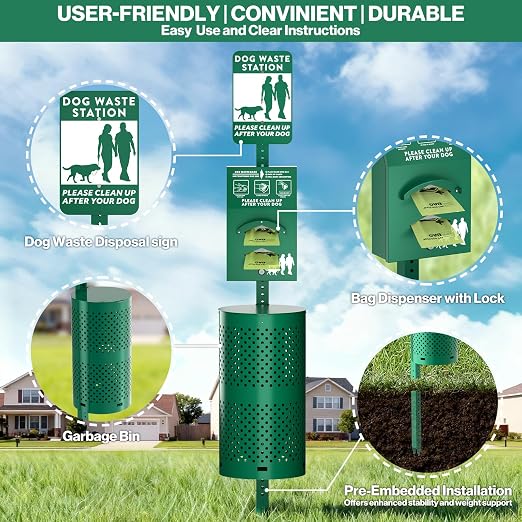 POCHAR Aluminum Dog Waste Station for Pet Parks with Poop Bags & Liner Bags | Rustproof Pet Poop Station Outdoor, Dog Park Equipment with Sign & Lid - Pet Poop Disposal System for Backyard