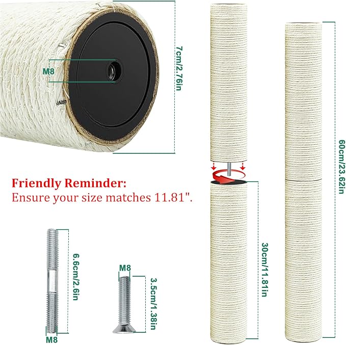 Cat Scratching Post Replacement Pole, 4 PCS 11.81in Cat Tree Replacement Post, Natural Sisal Cat Tree Replacement Parts with M8 Screws, Cat Scratch Post Replacement for Refurbishment