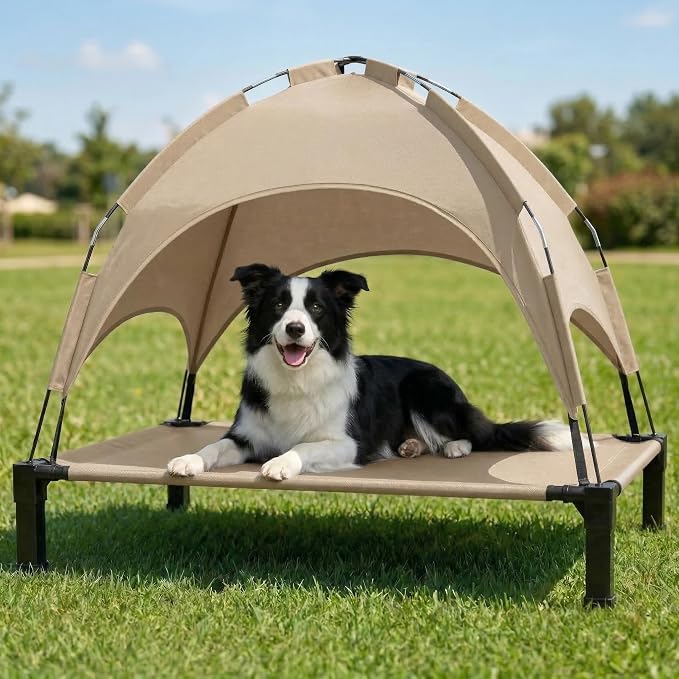 Elevated Dog Bed with Canopy Raised Pet Cot for Large Dogs, Outdoor Dog Cot with Removable Sun Shade Tent, Breathable Mesh Portable Dogs Cot for Camping, Beach, Backyard, Outdoor Use