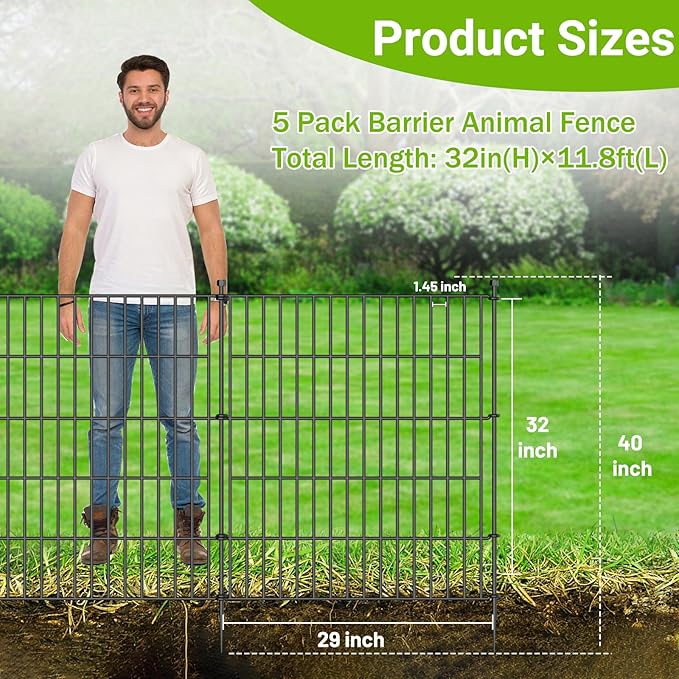 5 Panels No Dig Decorative Outdoor Garden Fence for Yard, 32 in(H) X 11.8 ft(L) Animal Barrier Fencing Rustproof Metal Wire Panel Border for Dog, Rabbits, and Patio Temporary Ground Stakes