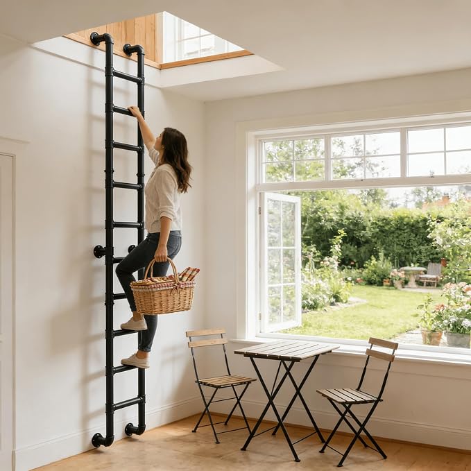 9FT Wall Mounted Ladder Heavy Duty 450lbs Capacity, 9-Step Steel Pipe Fire Escape Ladder for Egress Window & Basement, Industrial Wall/Floor-Mounted Loft