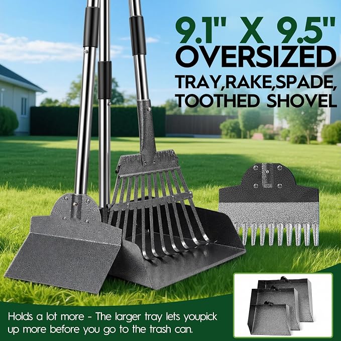 Dog Pooper Scooper for Large Dogs，9.1" X9.5"，Oversized Tray，pooper scooper | Free with two extension rods，Reduce the frequency of garbage trips，for Large, Medium, Small Dogs