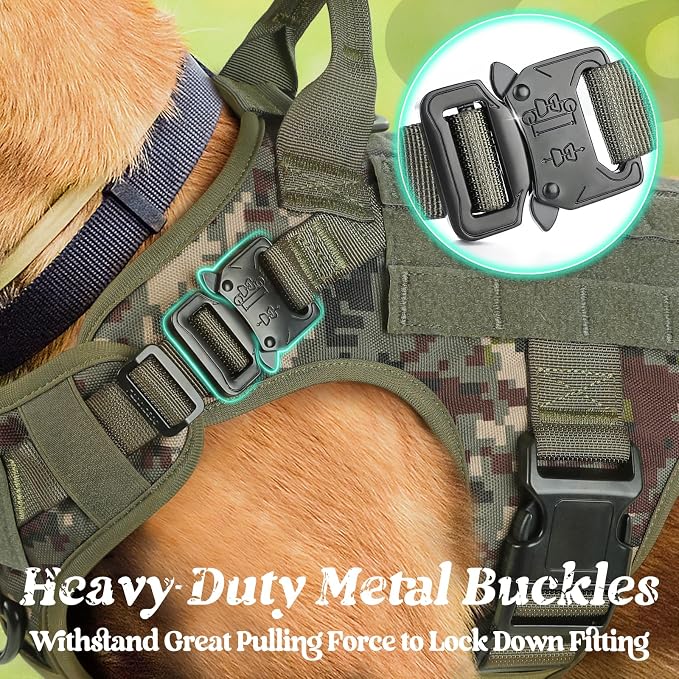 rabbitgoo Tactical Dog Harness for Large, Heavy Duty Military No Pull Vest | Sturdy Metal Buckles, 5 Adjustments, Molle System, Powerful Pullers for Training, Hunting, Outdoor, Green Camo, Large