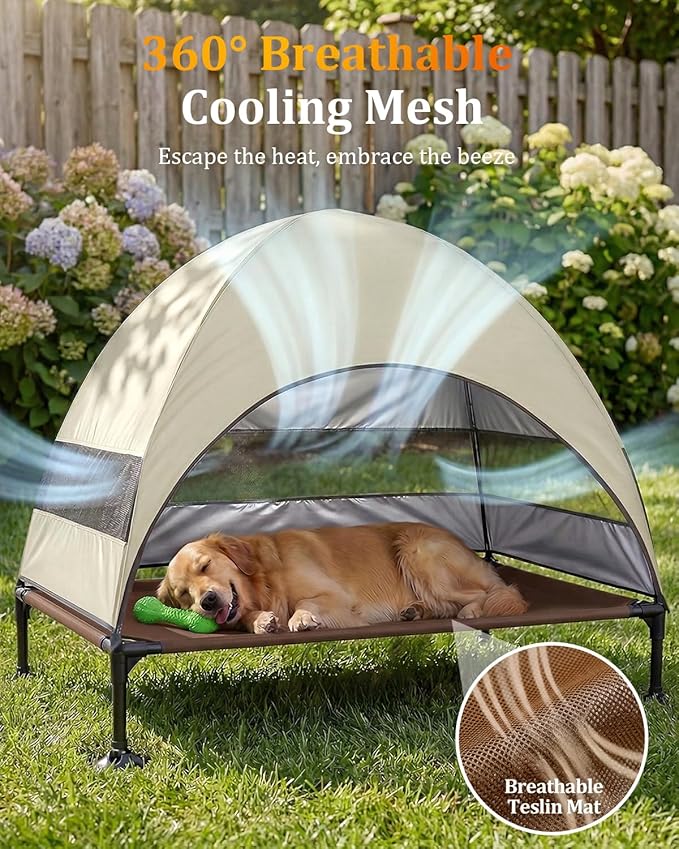 Elevated Dog Bed with Canopy - 3-Sided UV Protection Pet Tent with Wider Shade, Raised Cooling Outdoor Dog Cot with Breathable Mesh for Medium Large Dogs, Portable Bed for Camping, Patio (Khaki, L)