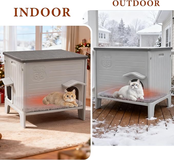 Cat House Outdoor with Cat Mat Weatherproof Plastic Cats Shelter Outside | with Escape Door, Weatherproof Waterproof Cat House Indoor Outdoor