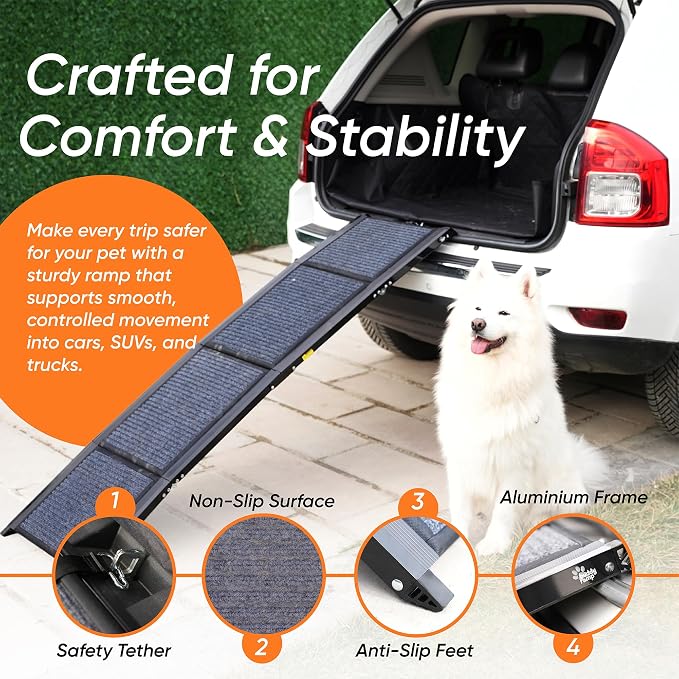 Dog Ramp for Car & Back Seat Cover Bundle – 63” Foldable Non-Slip Dog Ramp + Waterproof 57” Bench Seat Protector – Portable Pet Ramp & Car Seat Cover for SUV, Truck & Car Travel