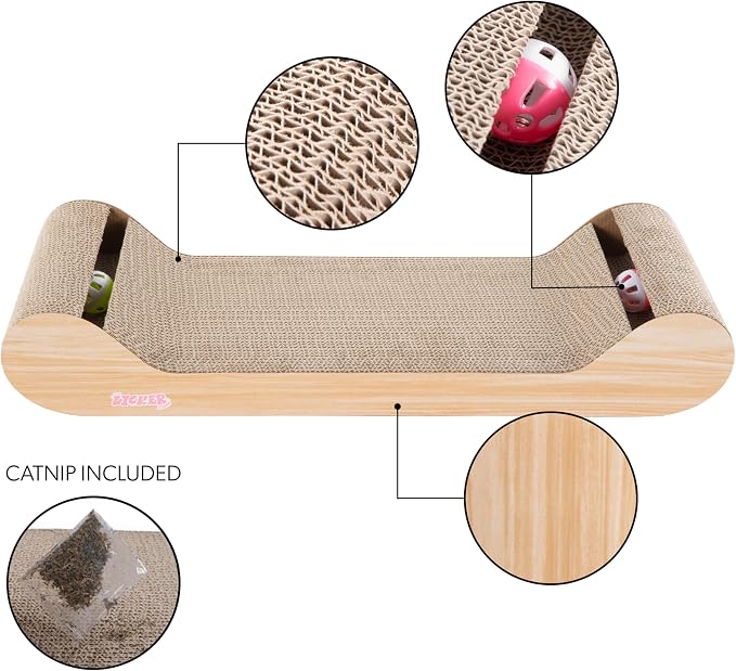 Rini 23.75" Modern Cardboard Cat Scratcher Lounge Bed with Built-in Bell Toys and Catnip, Ergonomic Curved Sofa Design, Oak Wood Finish, Set of 2 CSR1003C-SET2