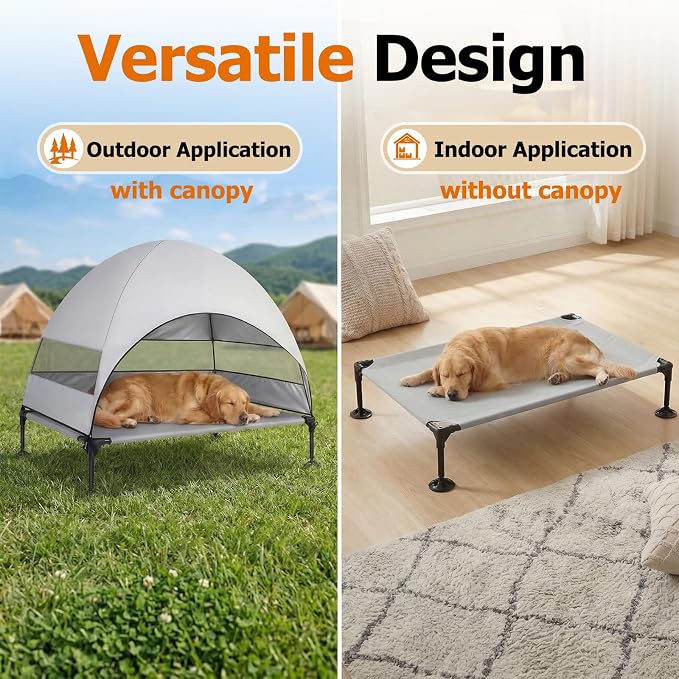 Elevated Dog Bed with Upgraded Canopy, Raised Outdoor Dog Tent with Powerful Anti-Slip Feet, Portable Pet Cot with Larger Shade, Raised Cooling Bed for Camping, Backyard, Beach, Poolside