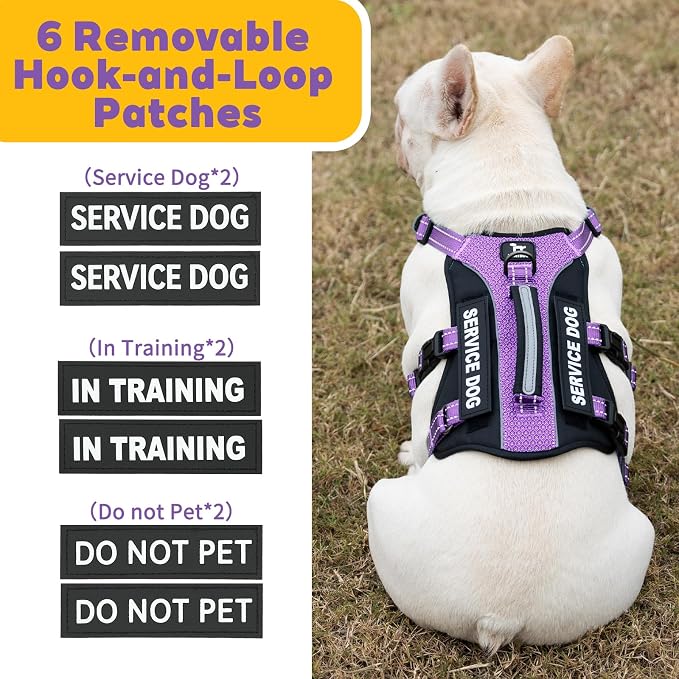 Service Dog Vest Harness, Escape Proof Harness with 6 Patches, No-Pull, Reflective Harness with Handle, Adjustable for Small to Large Dogs, for Training and Hiking (Lavender Purple, M)