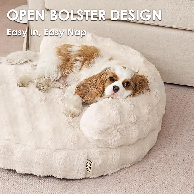 EHEYCIGA Soft Cat Couch Bed for Indoor Cats, Fluffy Small Dog Bed with Removable Washable Cover, Bolster Pet Sofa, Waterproof and Non-Slip, 23" x 23"x 7", Cream