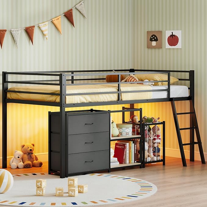 Bonnlo Low Loft Bed with 3 Drawers, 2-Tier Storage Shelf and Toy Storage Basket, Metal loft Bed Twin Size with LED Lights and Safety Guardrail for Kids (Black)