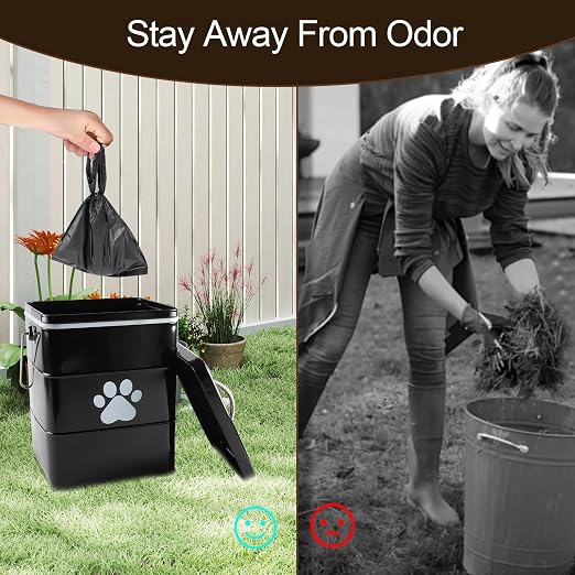 Metal Dog Poop Trash Can Outside,1.5Gal/6L Dog Waste Trash Can with Lid/Filter/Handle,Pet Waste Container Bucket with 75 Trash Bags-Black