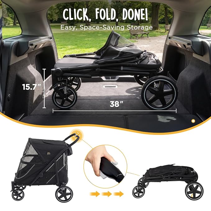 CANINE CANYON Denver Dog Stroller for Large & Medium Dogs- Easy Fold All-Terrain Pet Stroller for 2 Dogs with Dual Entry, One-Foot Brake, Sunroof & Breathable Windows, Up to 130 lbs, Black