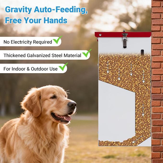 Automatic Dog Feeder - 15LBS Capacity Auto Gravity Dispenser | Powder Coated Dog Feeder, Waterproof for Indoor & Outdoor Use, 10.2"L x 8.3"W x 19"H, Red and White