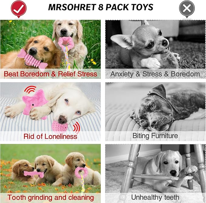 MRSOHRET Puppy Toys, 8 Pack Puppy Chew Toys for Teething, Cute Pink Small Dog Toys Set, Teething Toys for Puppies, Soft Durable Interactive Chew Toy for Small Dogs