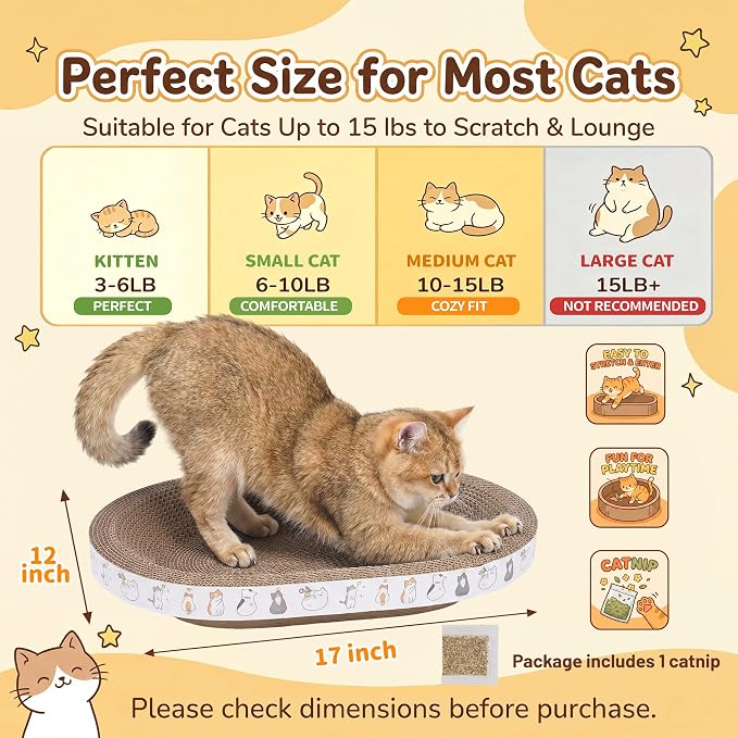 PatiencET Oval Cat Scratcher Bed for Indoor Cats with Catnip | Corrugated Cardboard Pad, Cat Scratching Board for Scratching, Stretching, Playing and Lounging, 17 x 12 Inch