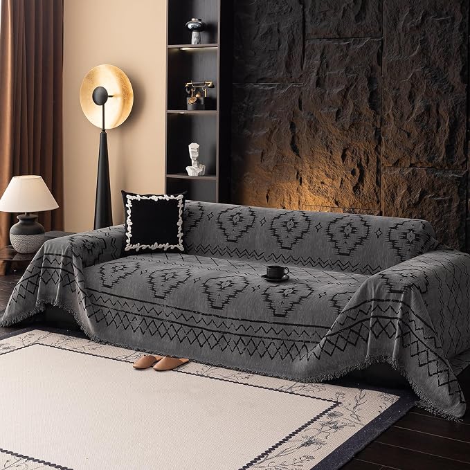 VClife Couch Cover Bohemian Tribal Sofa Cover Washable Sofa Protector, Non Slip Dark Gray Couch Covers for 2 Cushion Couch Sofa Thick Soft Chenille Sofa Slipcover 71"X118"