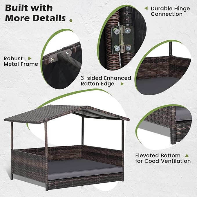 Tangkula Wicker Dog House, Indoor Outdoor Raised Rattan Dog Bed w/Removable Cushion, Washable Cover, Weatherproof Roof, Rattan Puppy Shelter w/Elevated Floor for Small Medium Dogs (Grey)