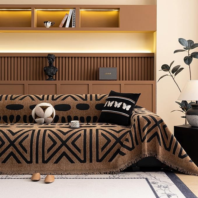 VClife Couch Cover Bohemian Morroccan Sofa Cover Washable Sofa Slipcover for 3 Cushion Couch Sofa Non Slip Soft Chenille Furniture Protector Modern Brown Black Slip Cover for Couch 71''x134''
