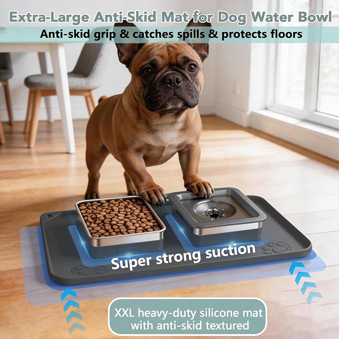 Dog Bowl Set, No Spill Dog Water and Food Bowl with Silicone Mat | Large Capacity 304 Stainless Steel Bowls, 2-In-1 Set, Slow Drinking, Anti-Slip Silicone Feeding Mat, Home/Travel, 6-7 Cups