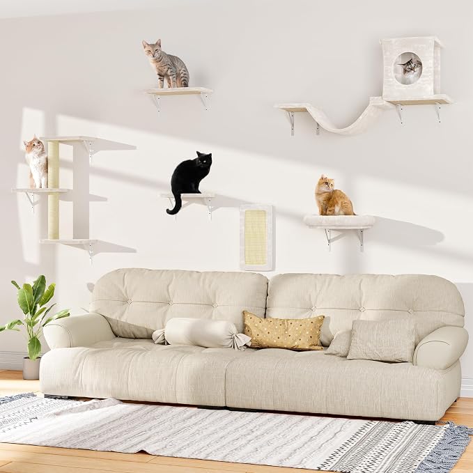 12-in-1 Cat Wall Shelves, Wall Mounted Cat Climber with Condo House, Scratching Post, Bridge Ladder, Space-Saving Indoor Play Furniture for Kittens, White