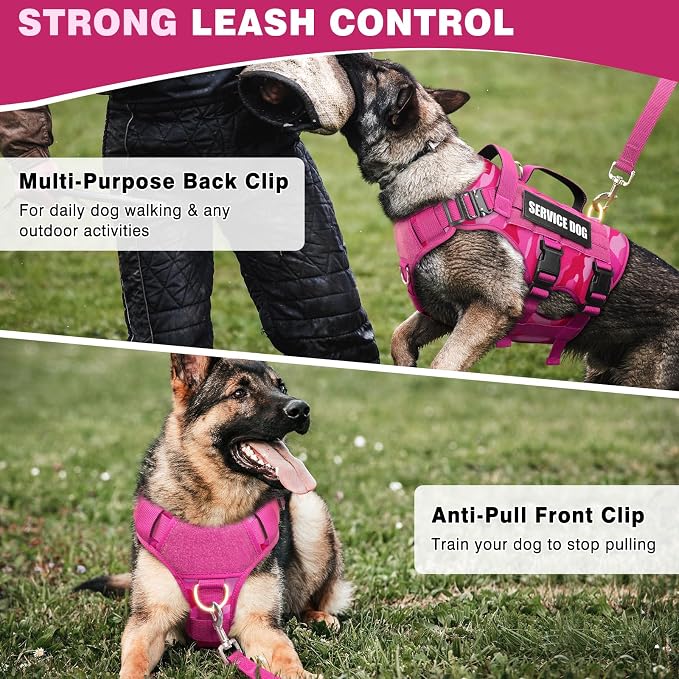 Tactical Dog Harness with Dog Leash, Service Working MOLLE Vest with 10 Pet Patches for Dog, No Pull Military Harness and Backpack for Training Hunting Walking