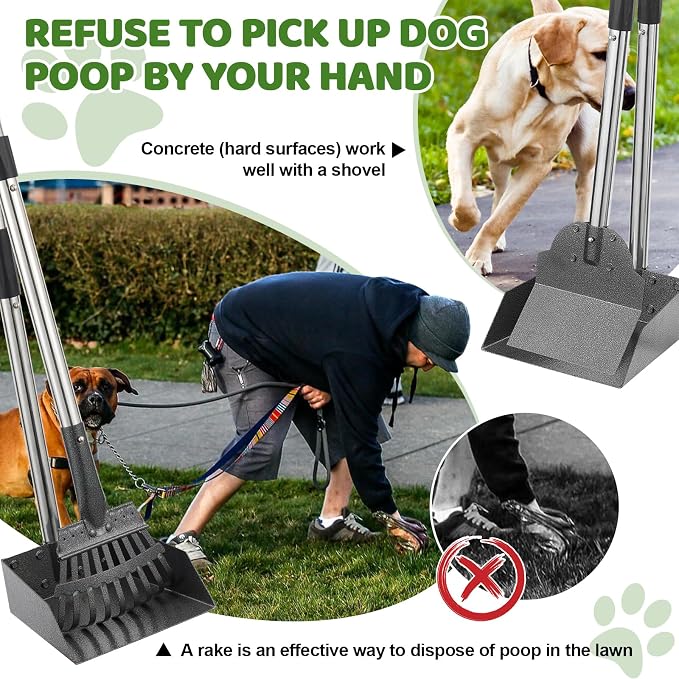 Pooper Scooper, Dog Pooper Scooper Long Handle Stainless Metal Tray Shovel and Rake Set for Medium Small Dogs Heavy Duty， Use for Grass, Dirt or Gravel