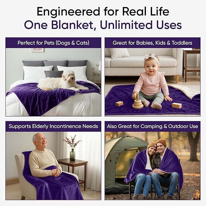 Waterproof Pet Blanket, Liquid Pee Proof, Sherpa Fleece Protector – Pet Hair Resistant Water Proof Bed Cover for Dogs Couch Sofa Car Bedding Comforter (Purple, 60"x80")
