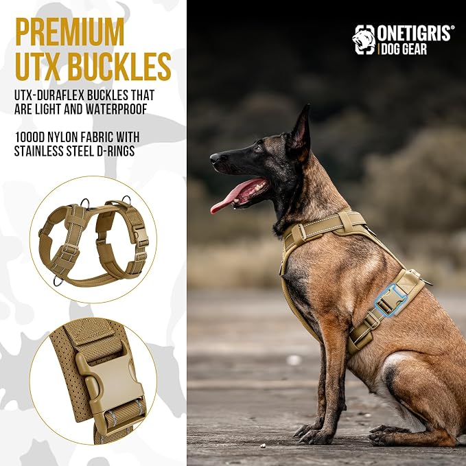 OneTigris Soft Padding No Pull Dog Vest Harness for Medium and Large Dogs | High-tensile Nylon, Adjustable, Reflective, 1 Handle, 3 D-rings, Lightweight, Tough, Easy on/off Tactical Dog Harness