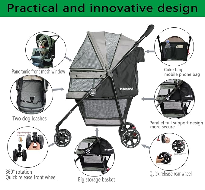 ROODO Escort 3 Wheel Dog Cat Pet Stroller for Small/Medium Dogs Cats Best Lightweight Foldable Portable Compact Jogger All Terrain Travel Pet Gear System Puppy Doggie Bunny Kitty Stroller(Grey)