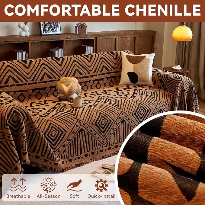VClife Boho Couch Covers Washable Sofa Cover for Sofa, Luxury Sectional Couch Cover Chenille for 3 Cushion Couch, Anti Slip Pet Sofa Slipcover Dog Couch Cover Throw, Black Pumpkin Geometry, 71"x134"
