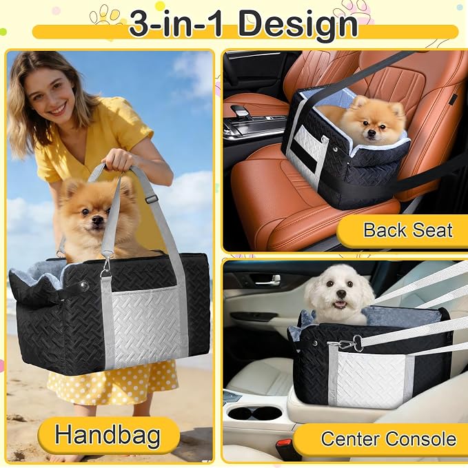 Car Seat for Small Dog, Center Console Dog Booster Portable Car Seat | Suitable for 0 - 15lbs Small Pets, Puppy, Doggy, Cats; with Safety Net