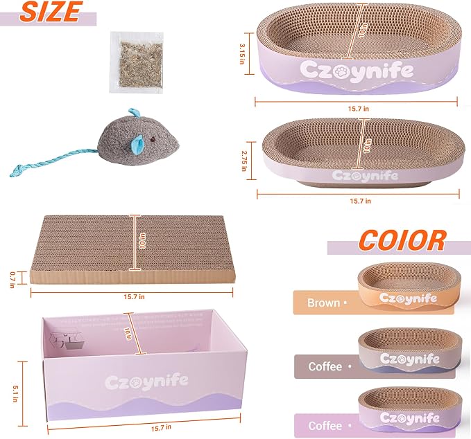 3PCS Cat Scratcher Cardboard, Oval Cat Scratch Pad Bowl Nest for Indoor Cats, Round Cat Scratching Board Corrugated Lounge Cat Bed, Furniture Protector for Couch (Purple, 15.7 * 10 in)