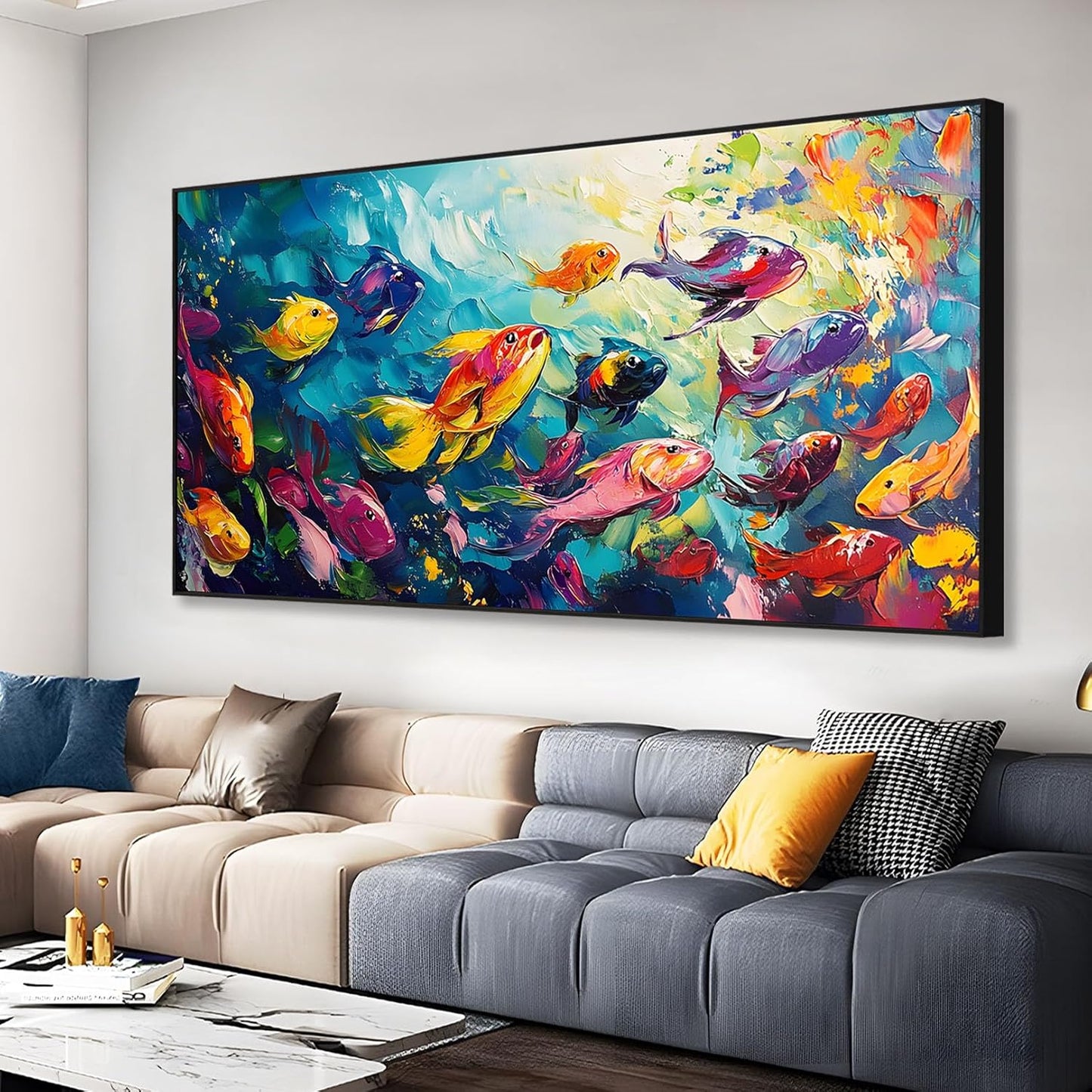 School of Fish Printed Canvas Wall Art – Framed Abstract Ocean Print – Vibrant Fish Wall Decor for Living Room, Bedroom, Office (Gold Framed, 62"x31"|160x80cm)