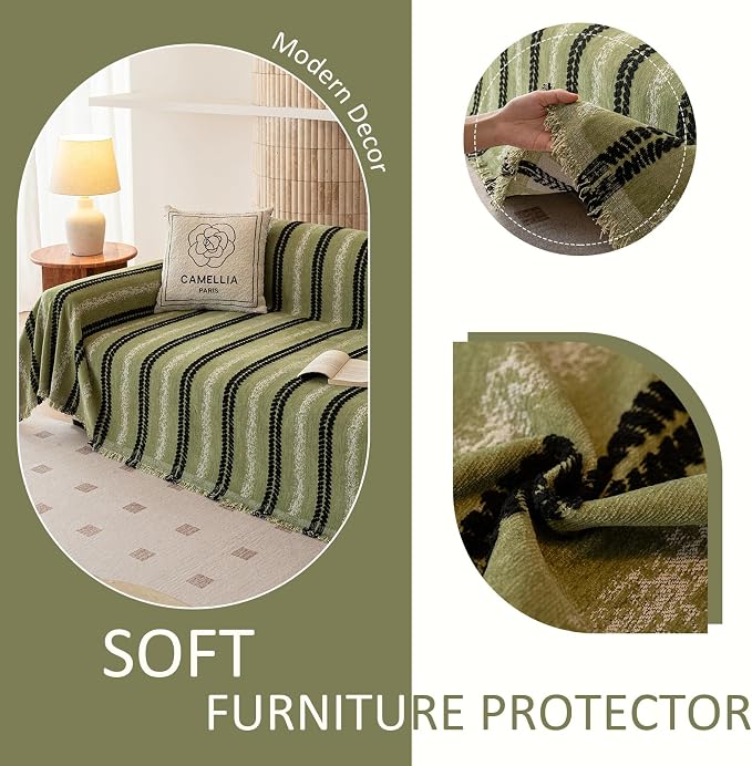 VClife Chenille Sofa Cover Bohemian Striped Pattern Couch Cover for 3 Cushion Sofa - Sage Green Black Textured Sofa Slipcover Washable Furniture Protector for Couch Decorative Couch Cushion Cover