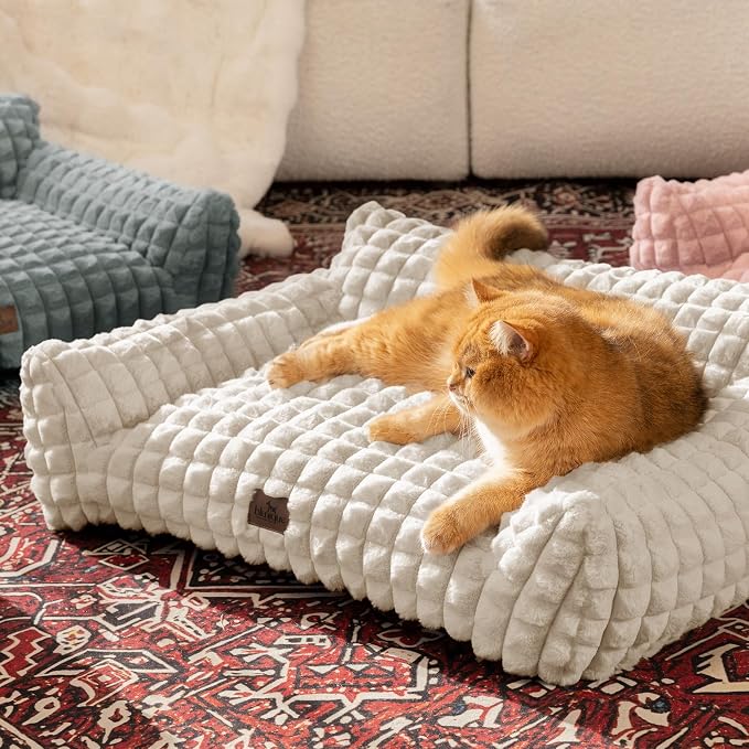 Cute Dog Beds for Small/Medium Dogs/Cats, Washable Dog Sofa Faux Rabbit Fur Pet Bed, Supportive Dog Couch with Removable Zipper Cover for Indoor Cats/Dog, 30 x 20 x10inch, Off White