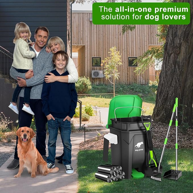 Dog Poop Trash Can Outside - 20L/5Gal Dog Poop Scooper Set, Green | Outdoor Trash Can with Lid and Removable Inner Bin,Dog Waste Trash Can with 100 Bags & Storage Box and Metal Rake & Tray