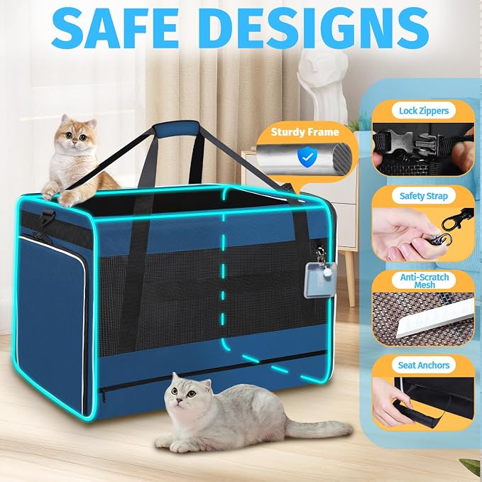 Petskd Side Expandable Extra Large Cat Carrier with Litter Box Area, 24"x17"x17" Soft-Sided Pet Carrier for 2 Cats Under 55 lbs with Zipper Locks for Car Travel(Prussian Blue)