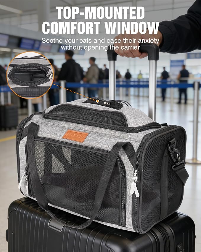 PETUX Expandable Airline-Approved Pet Carrier for Small Cats up to 10 lb | Top-Side Expandable, TSA‑Friendly, Underseat, Soft Travel Bag with Breathable Mesh and Safety Buckle, 17 x 11 x 9.5 in, Grey