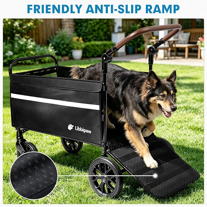 LUFFWELL Foldable Dog Wagon with Ramp, Medium & Large Dogs, Black | All-terrain wheels, One-step brake, Adjustable handle, Side pockets, 200 lb capacity