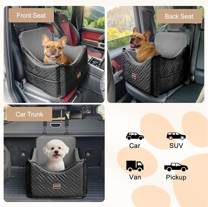 JOEJOY PU Dog Car Seats for Small Medium Dogs, Wipe Clean Waterproof Dog Booster Seat with 2.5 inch Cushion, Thickened 2 inch Memory Foam Pet Car Seats with Safety Belt and Storage Pockets