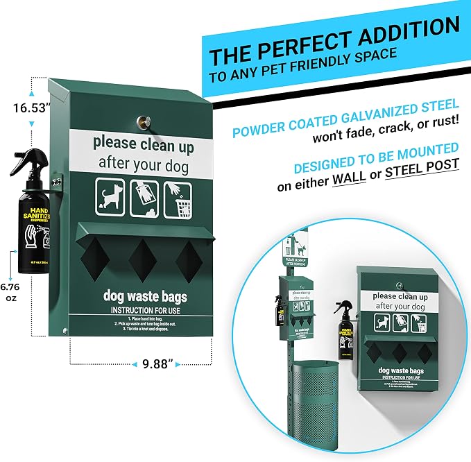 EMMA + OLIVER Locking Dog Waste Bag Dispenser with Glow in the Dark Sign | Hand Sanitizer Bottle and Rain Guard, 600 Roll Bags Include