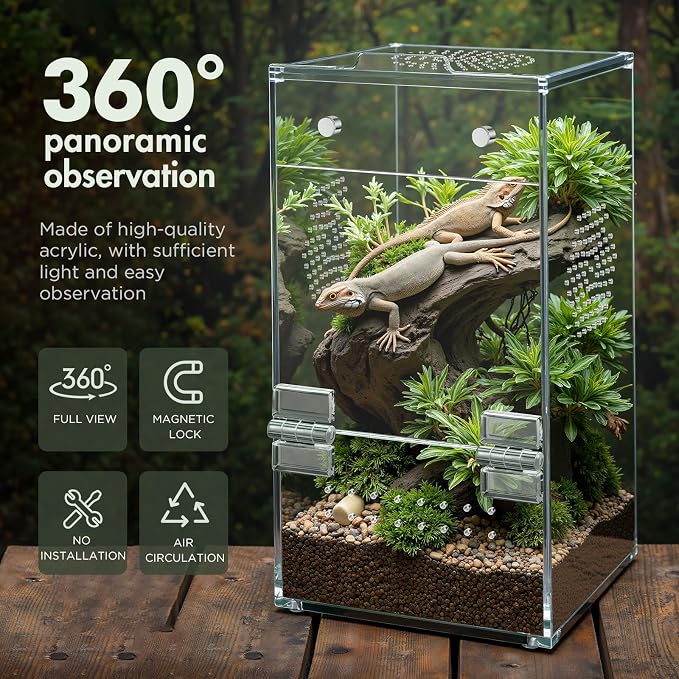Pre-Assembled Jumping Spider Enclosure, All-Side Ventilation | 3.5"×3.5"×7" Escape-Proof Spider Terrarium Kit with Accessories & Magnetic Door for Tarantula, Mantis, Tweezer & Temp Sticker