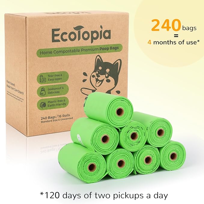 Tear-Free Biodegradable Dog Poop Bags, 240 Compostable Pet Waste Bags Rolls, Plant-Based & Plastic-Free, Extra Thick Leakproof, Unscented, ASTM D6400 & EN 13432 Compliant,Light Green