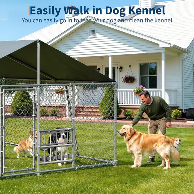GarveeLife Outdoor Dog Kennel with Waterproof Cover, Dog Kennel Outside with Adjustable Bowls Feeder, Outdoor Dog Enclosure for Medium Large Dogs, 10ftx10ftx5.9ft