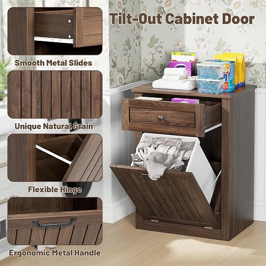 10 Gallon Tilt Out Trash Can Cabinet Drawer Hidden Trash Cabinet Walnut | Cabinet with Drawers for Kitchen, Bathroom and Laundry Room