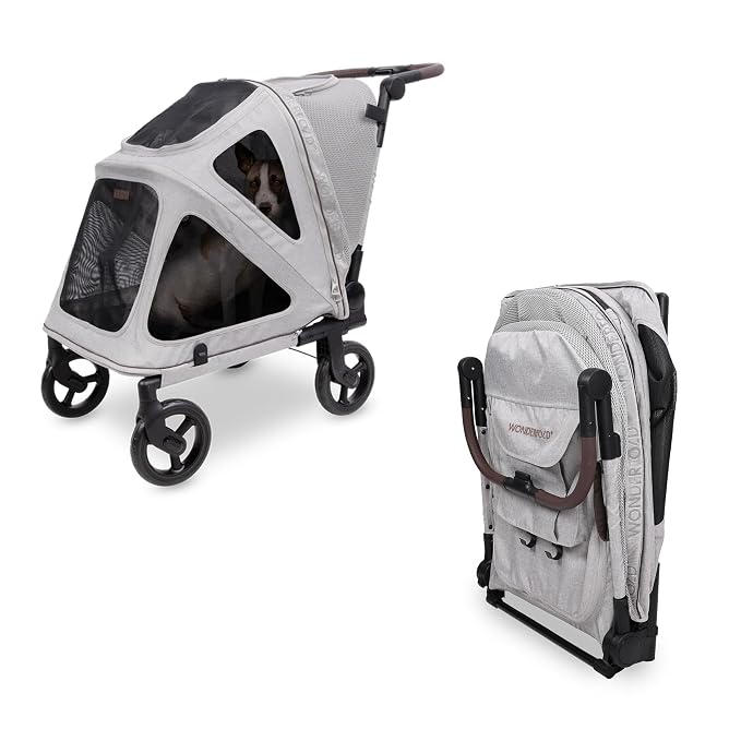 WonderFold Hudson Pet Stroller for Medium Pets - super FLATFOLD: Even the Wheels Fold In - GRAY, MEDIUM