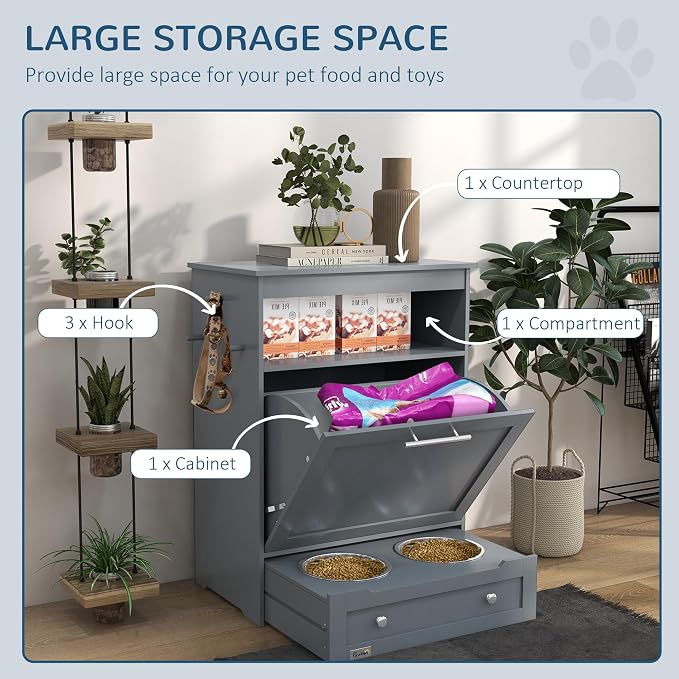 PawHut Dog Feeding Station with Raised Bowls, Pet Feeder Station, Gray | Dog Food Storage Cabinet, Hanger for Feeding & Watering Supplies