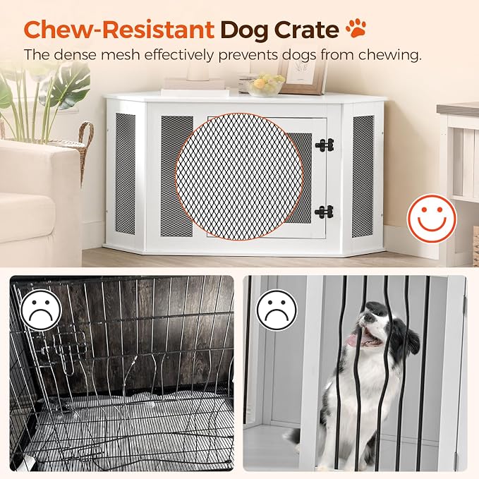 MAHANCRIS Corner Dog Crate Furniture, Wooden Dog Kennel End Table, Decorative Pet Crate Indoor Use, Furniture Style Dog House for Small Medium Dog, Dog Cage TV Stand, White and Black DCWT0801